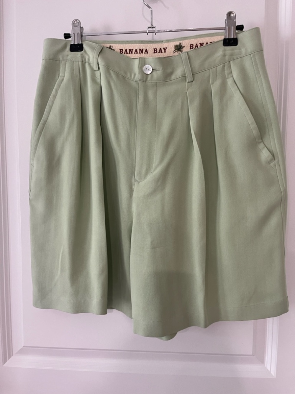 Banana Bay Luxury Silk High-Waist Pleated Women's Shorts Light Sage Green NWOT